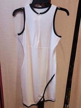 Olivia M Sleeveless White Midi Dress with Black Trim